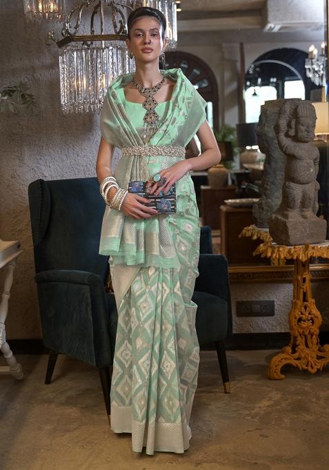 Seagreen Printed Pure Linen Saree Set — view on Indya