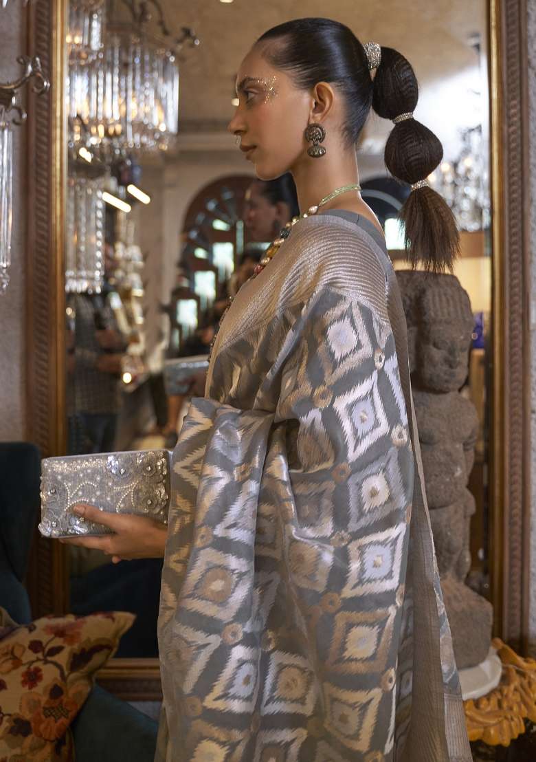 Grey Pure Linen Saree Set with Printed for Diwali | Wedding & Festive Wear - Indya
