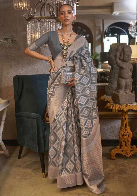 Grey Pure Linen Saree Set with Printed for Diwali | Wedding & Festive Wear