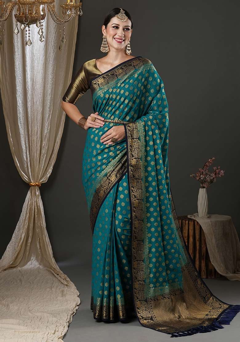 Blue Printed Georgette Saree Set - Indya