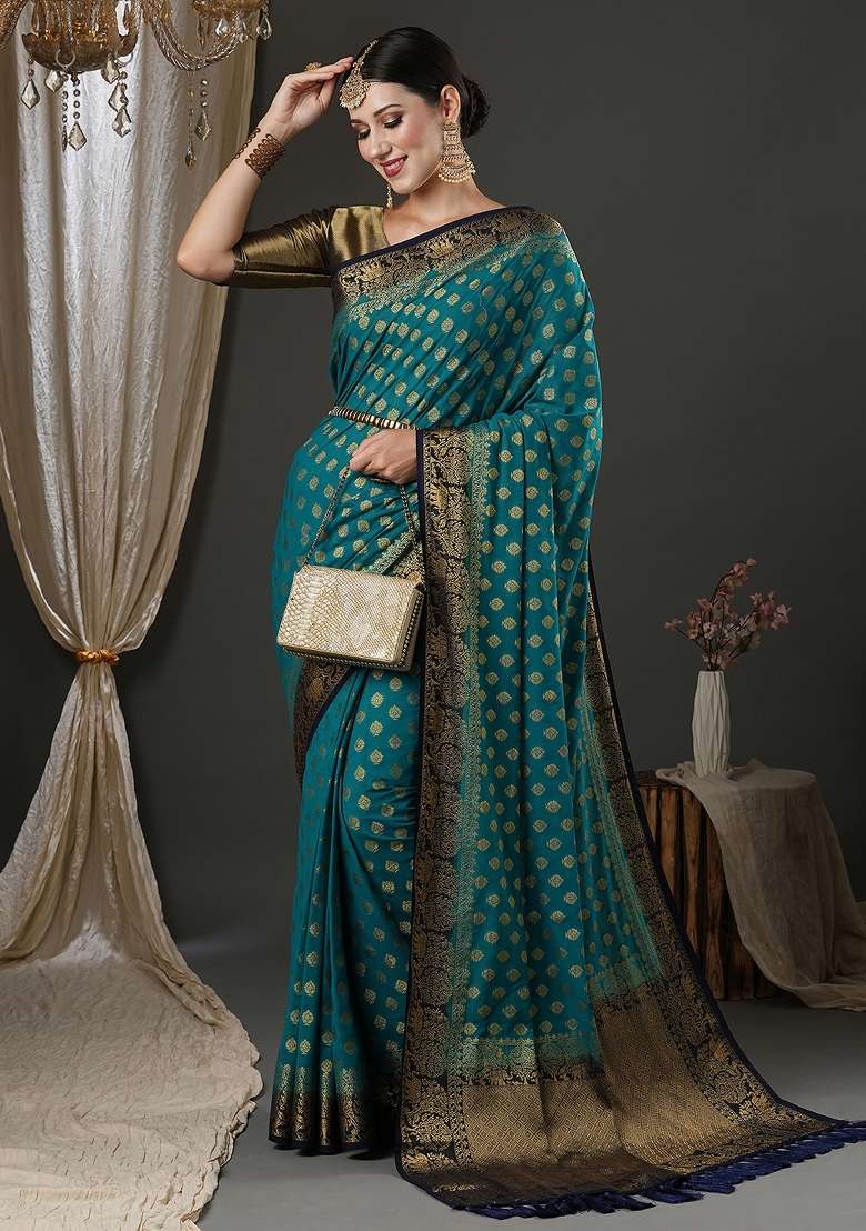 Blue Printed Georgette Saree Set - Indya