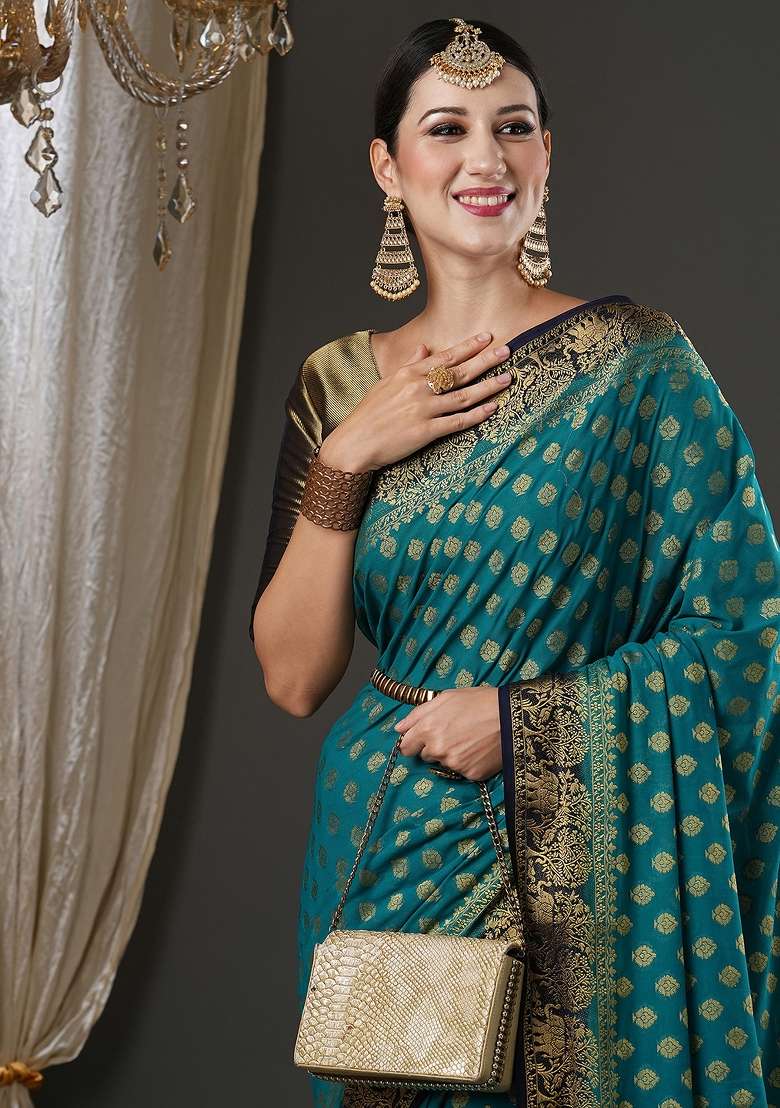 Blue Printed Georgette Saree Set - Indya