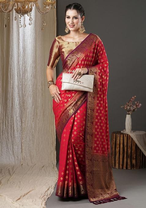 Pink Printed Georgette Saree Set — view on Indya