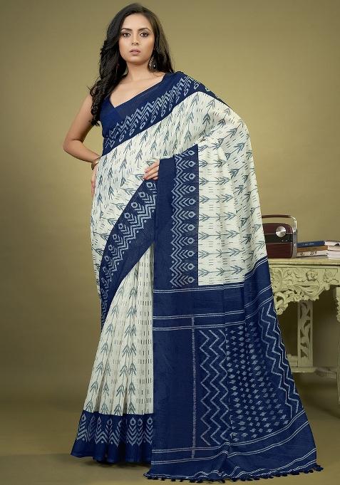 Offwhite Printed Cotton Blend Saree Set