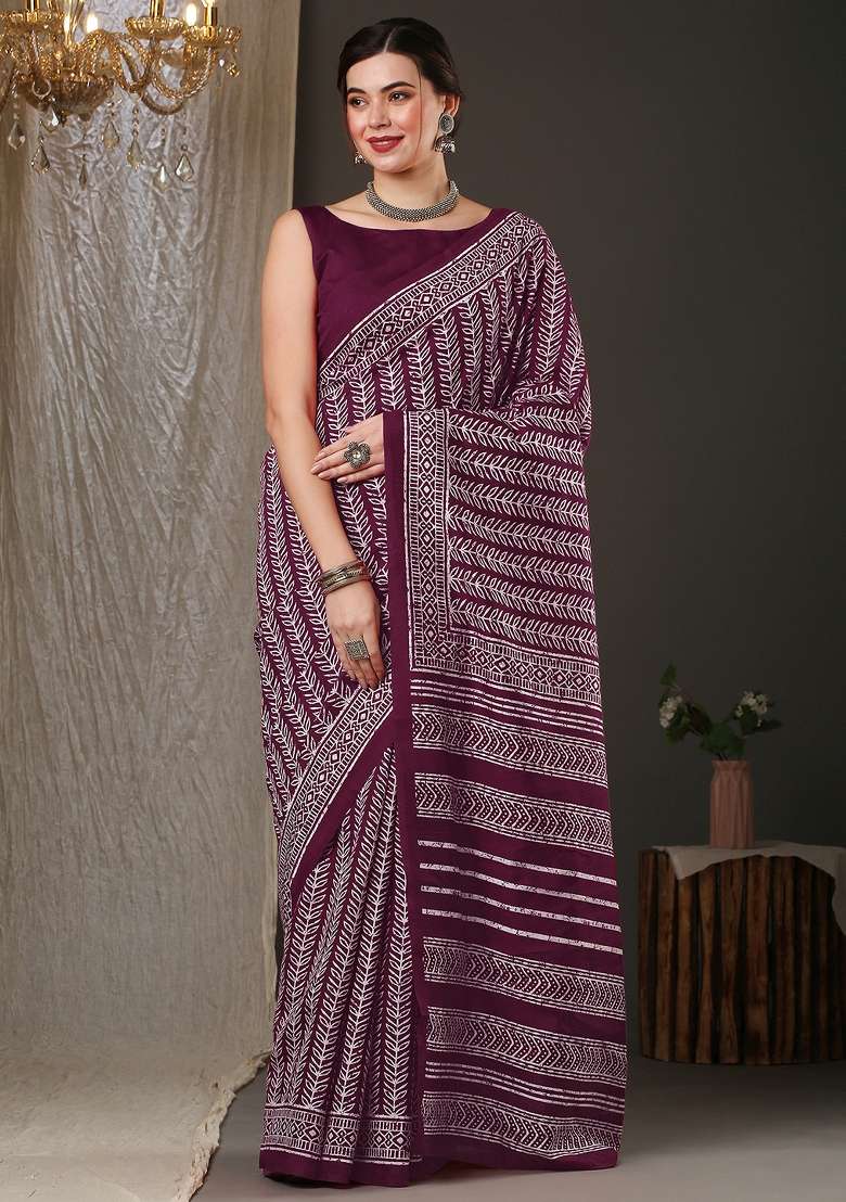 Magenta Printed Bhagalpuri Silk Blend Saree Set - Indya