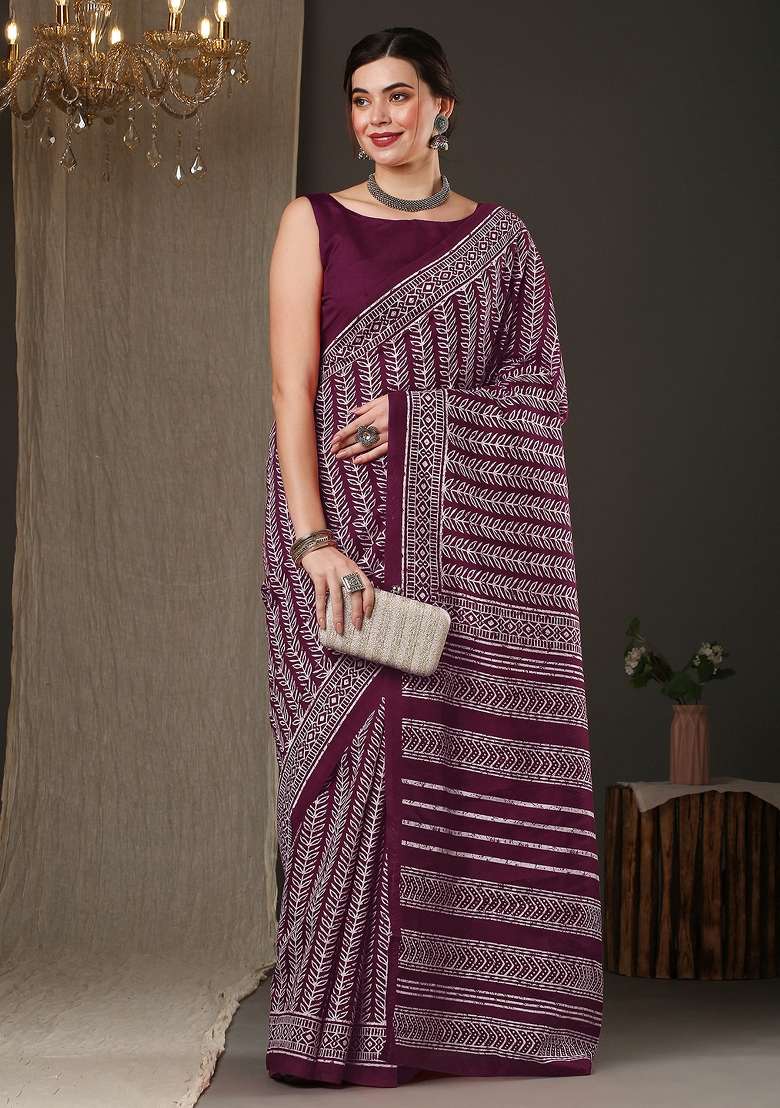 Magenta Printed Bhagalpuri Silk Blend Saree Set - Indya