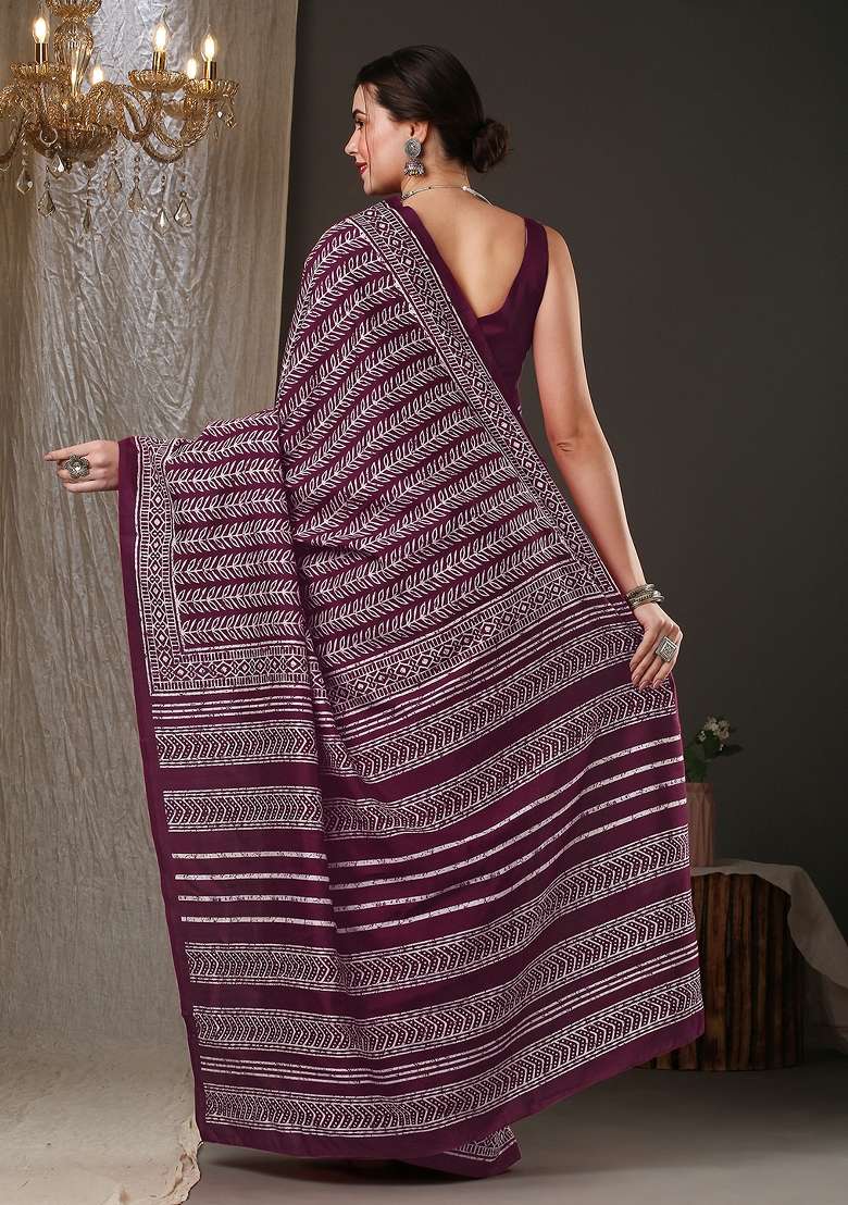 Magenta Printed Bhagalpuri Silk Blend Saree Set - Indya