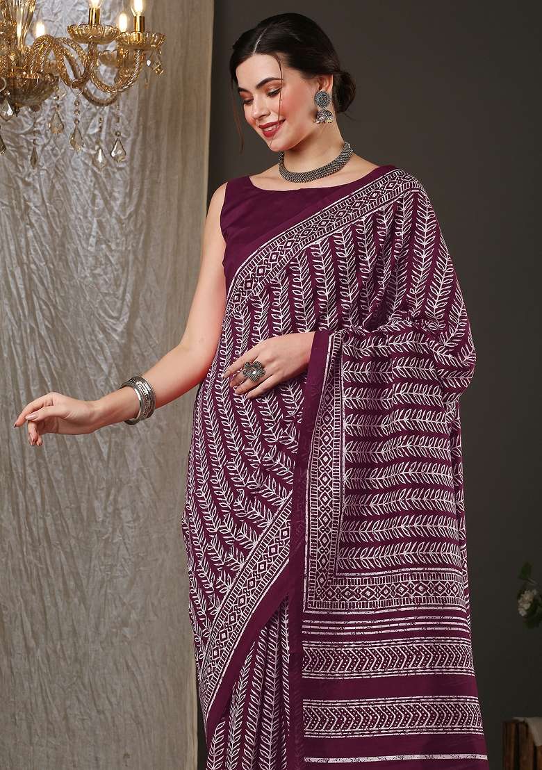 Magenta Printed Bhagalpuri Silk Blend Saree Set - Indya