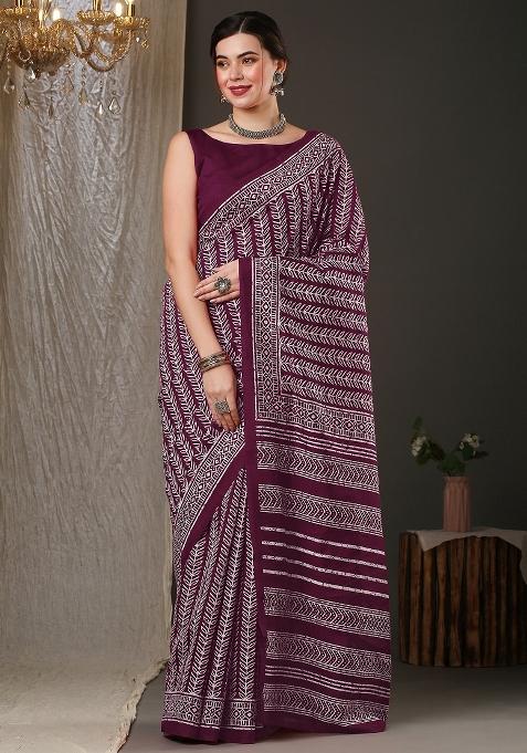 Magenta Printed Bhagalpuri Silk Saree Set — view on Indya