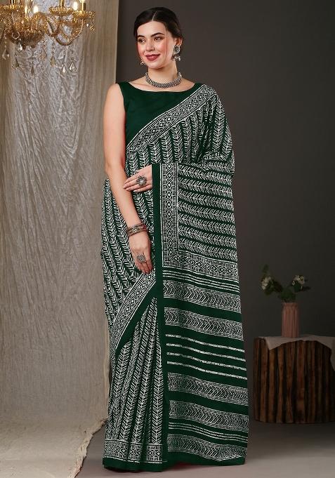 Green Printed Bhagalpuri Silk Saree Set — view on Indya