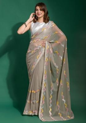 Grey Printed Georgette Saree Set