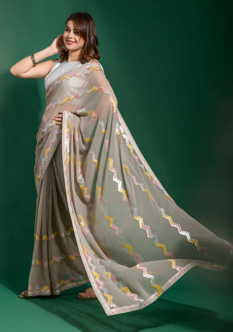 Grey Printed Georgette Saree Set for Diwali and Festive Wear - Indya