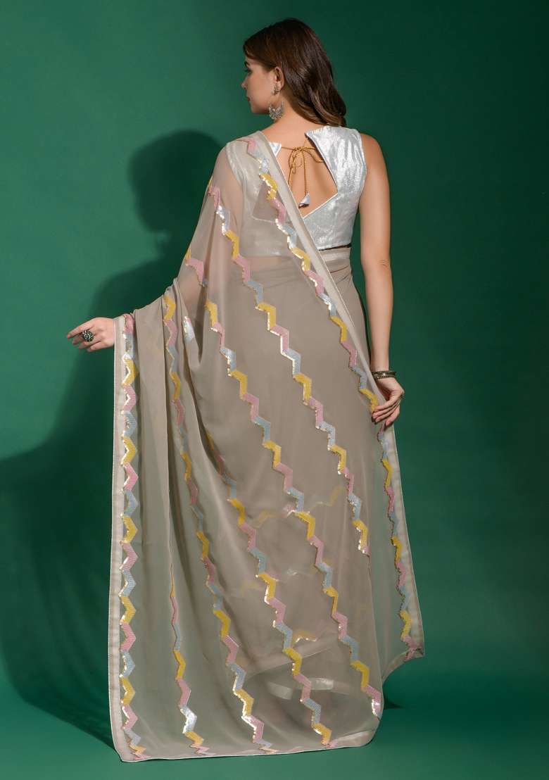 Grey Printed Georgette Saree Set for Diwali and Festive Wear - Indya