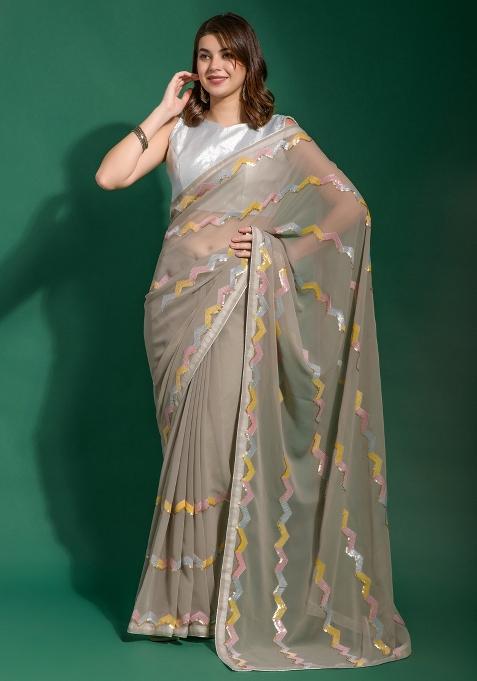 Grey Printed Georgette Saree Set — view on Indya