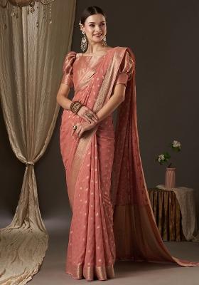 Peach Printed Georgette Saree Set