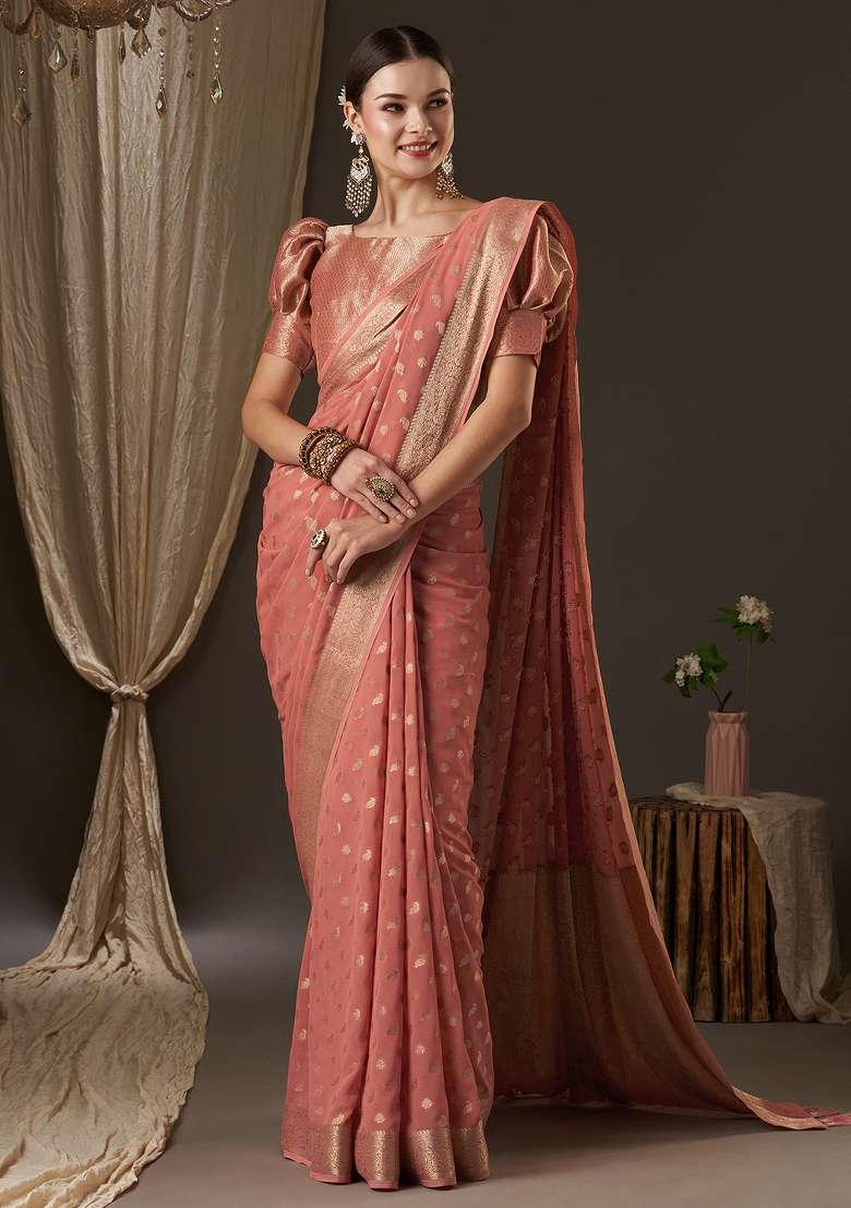 Peach Printed Georgette Saree Set - Indya