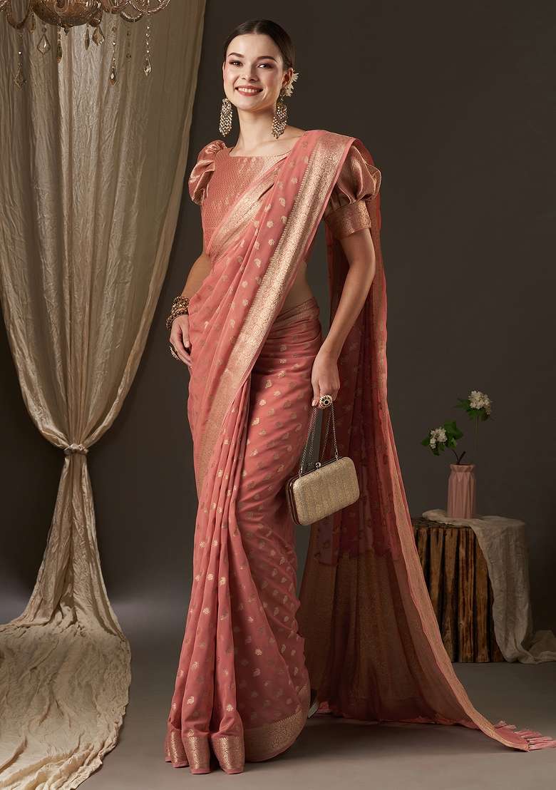 Peach Printed Georgette Saree Set - Indya
