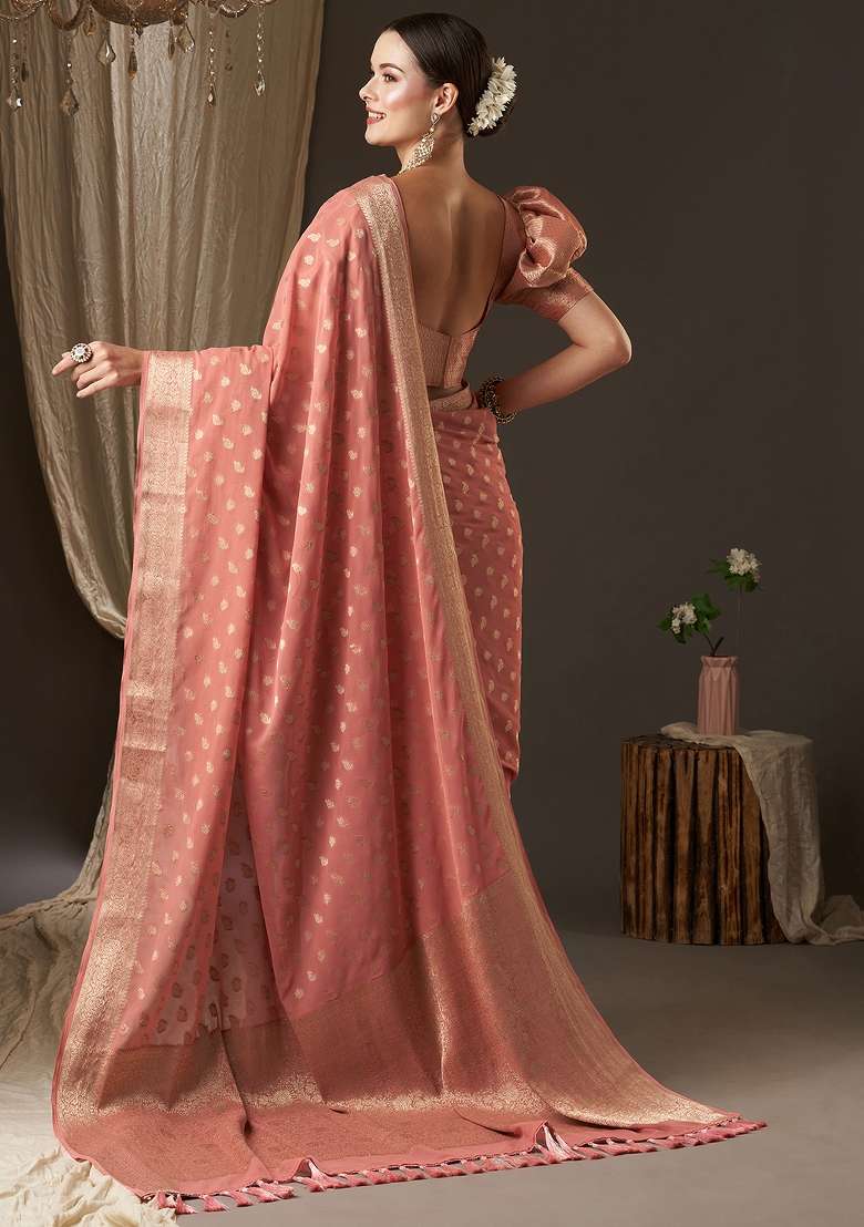Peach Printed Georgette Saree Set - Indya