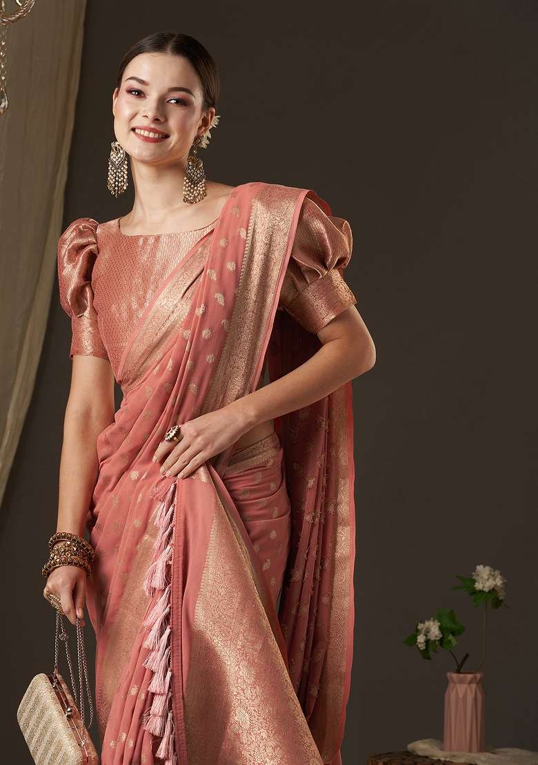 Peach Printed Georgette Saree Set - Indya