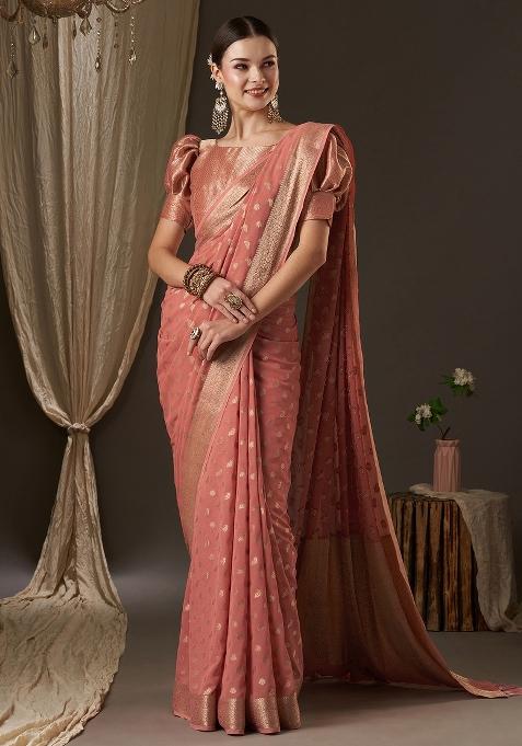 Peach Printed Georgette Saree Set — view on Indya