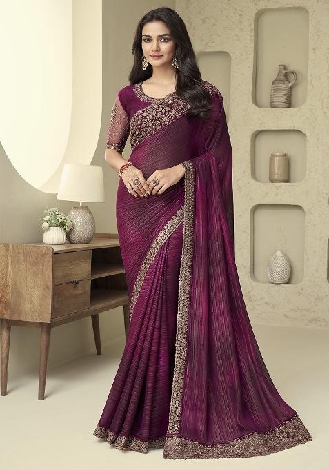 Purple Printed Georgette Saree Set — view on Indya