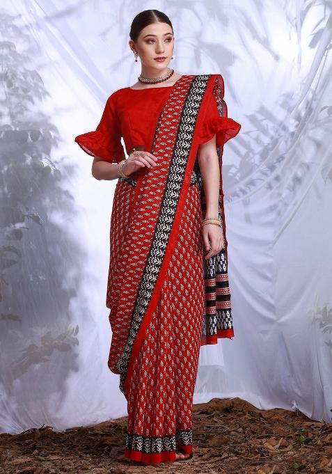 Red Printed Bhagalpuri Silk Saree Set — view on Indya