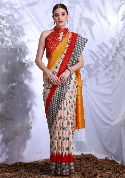 Cream Printed Bhagalpuri Silk Saree Set — view on Indya