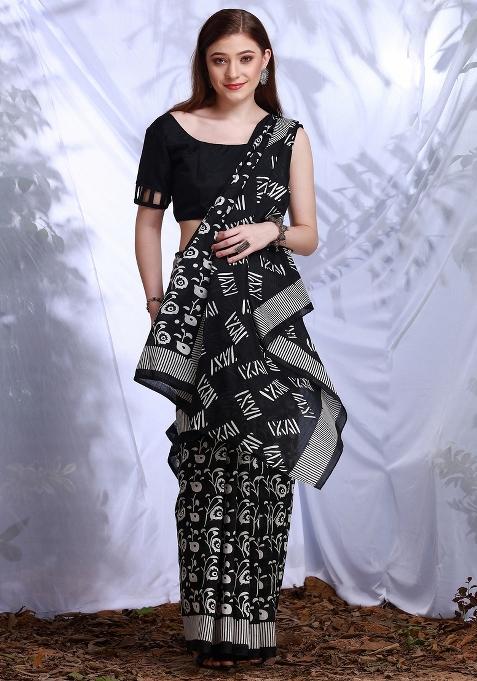 Black Printed Bhagalpuri Silk Saree Set — view on Indya