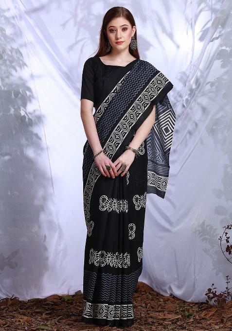Black Printed Bhagalpuri Silk Saree Set — view on Indya