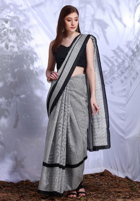White Printed Bhagalpuri Silk Saree Set — view on Indya