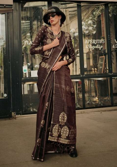 Brown Blend Satin Silk Saree Set with Printed for Diwali | Wedding & Festive Wear