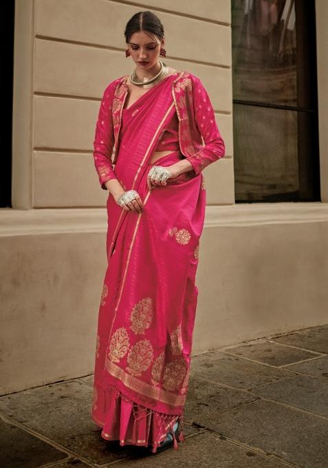 Pink Printed Satin Silk Saree Set