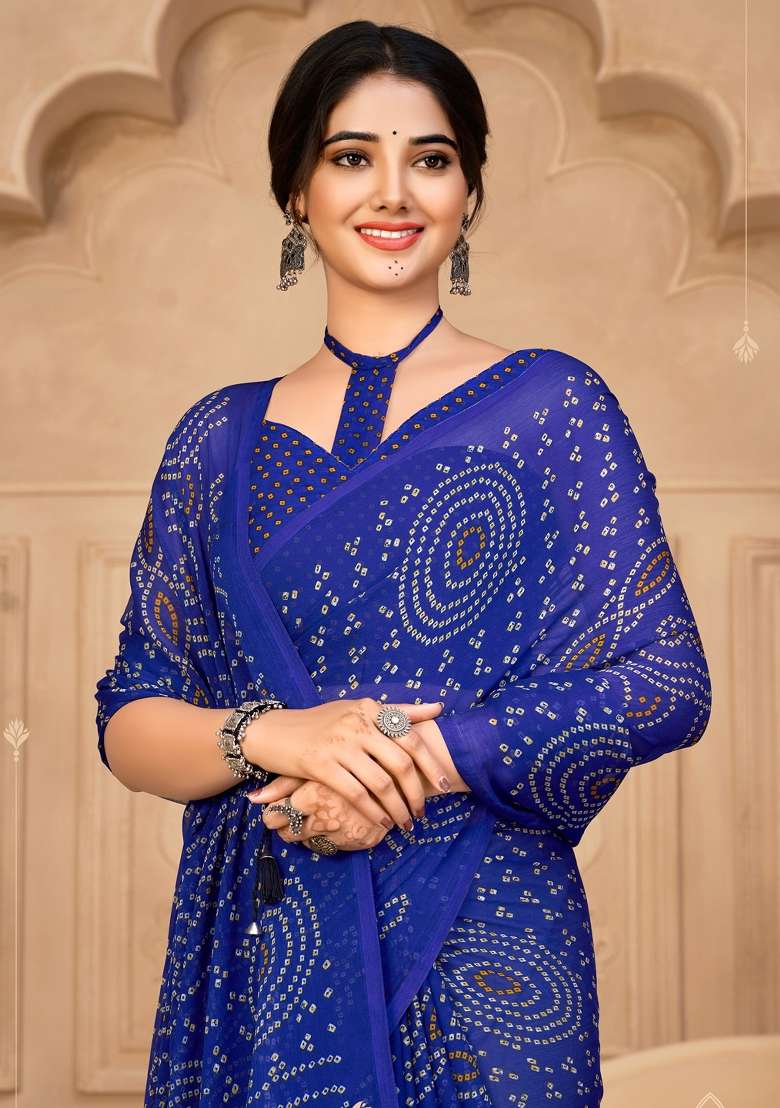 Blue Chiffon Saree Set with Printed for Diwali | Wedding & Festive Wear - Indya