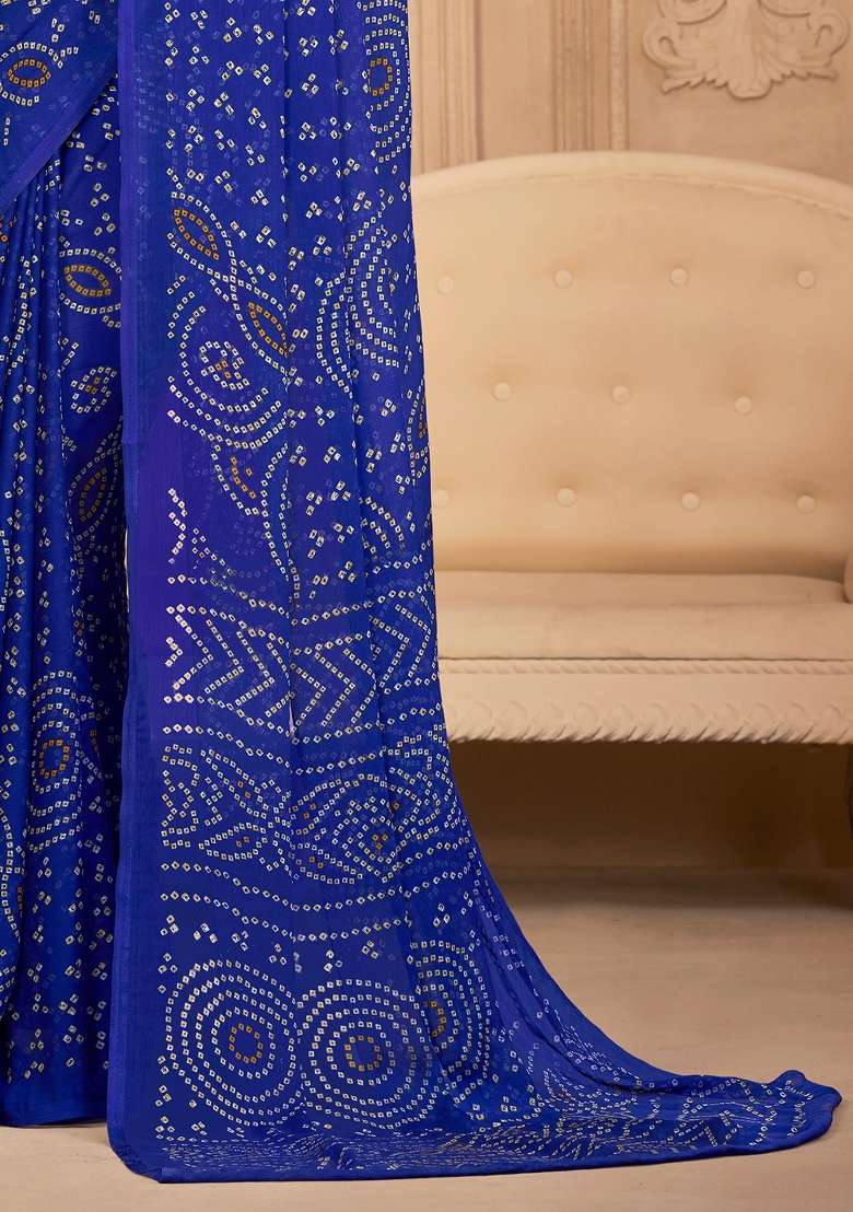 Blue Chiffon Saree Set with Printed for Diwali | Wedding & Festive Wear - Indya