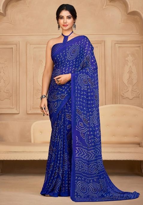 Blue Printed Chiffon Saree Set — view on Indya