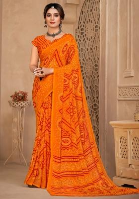 Orange Printed Chiffon Saree Set