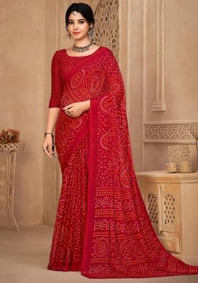 Red Printed Chiffon Saree Set