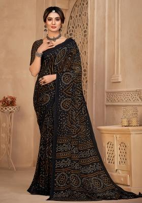 Black Printed Chiffon Saree Set