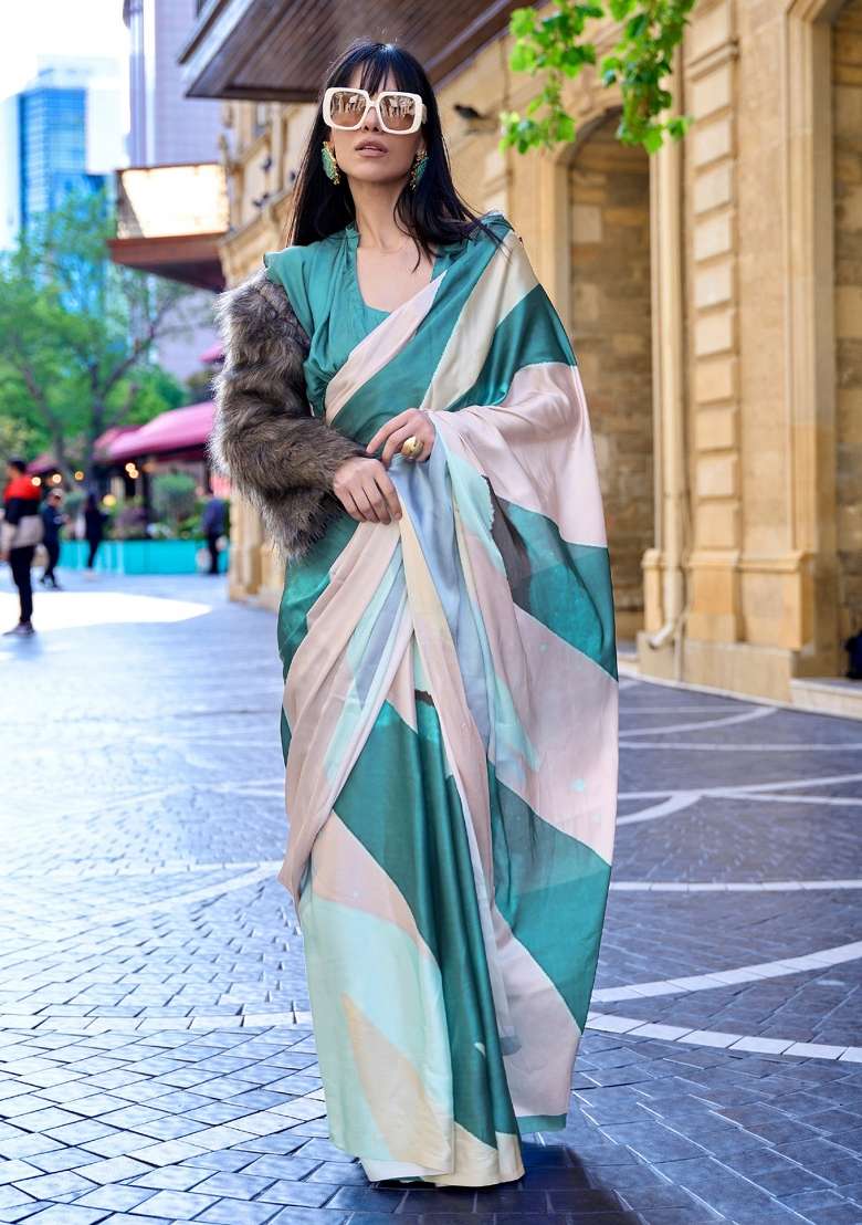 Tealblue Printed Satin Silk Saree Set - Indya