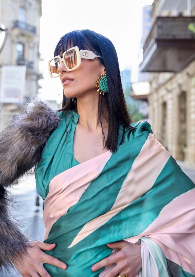 Tealblue Printed Satin Silk Saree Set - Indya