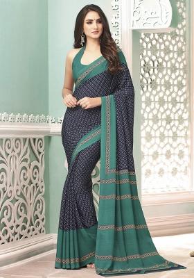 Navy Blue Printed Crepe Saree Set