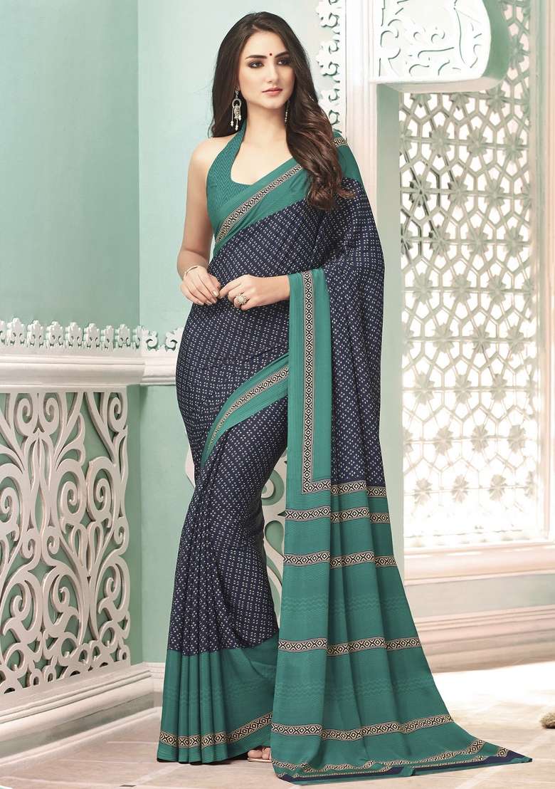 Navy Blue Crepe Saree Set with Printed for Diwali | Wedding & Festive Wear - Indya