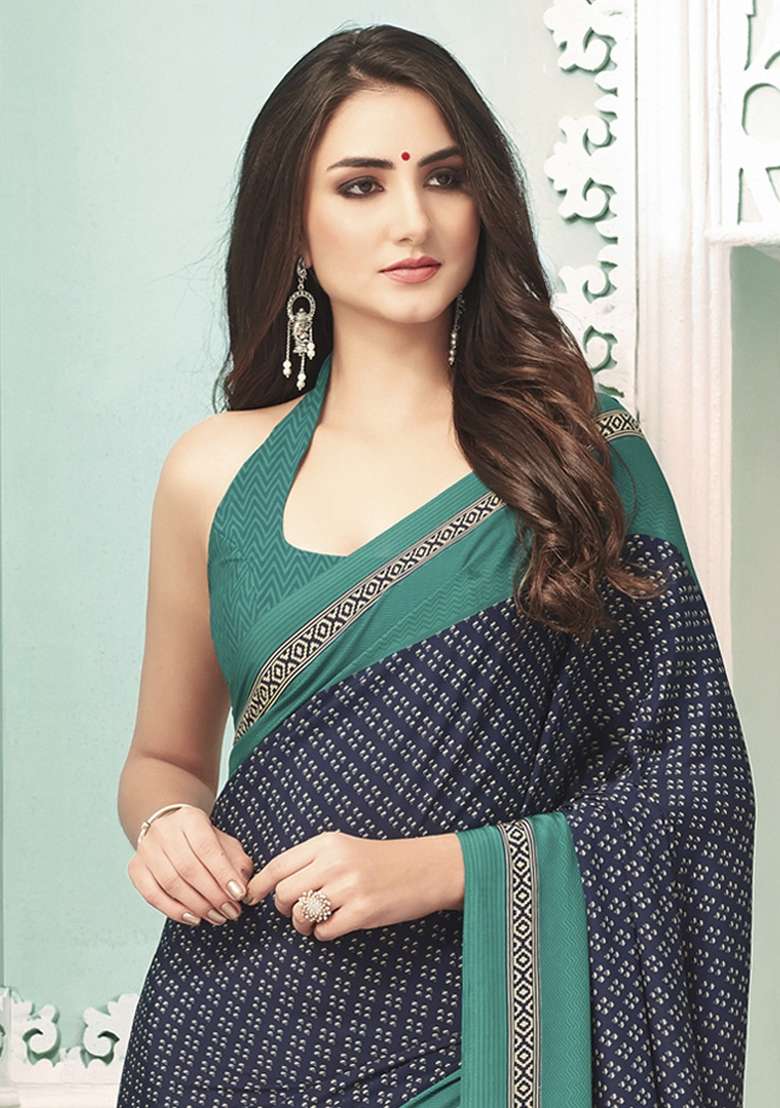 Navy Blue Crepe Saree Set with Printed for Diwali | Wedding & Festive Wear - Indya