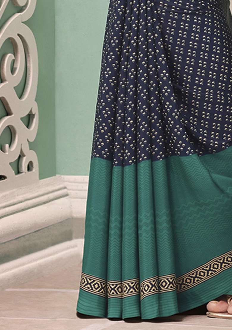 Navy Blue Crepe Saree Set with Printed for Diwali | Wedding & Festive Wear - Indya
