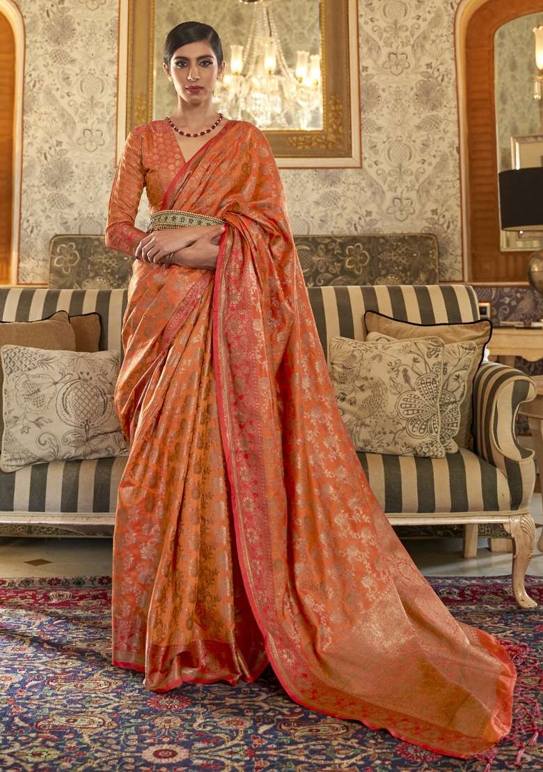 Orange Printed Silk Blend Saree Set - Indya