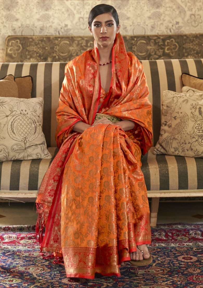 Orange Printed Silk Blend Saree Set - Indya