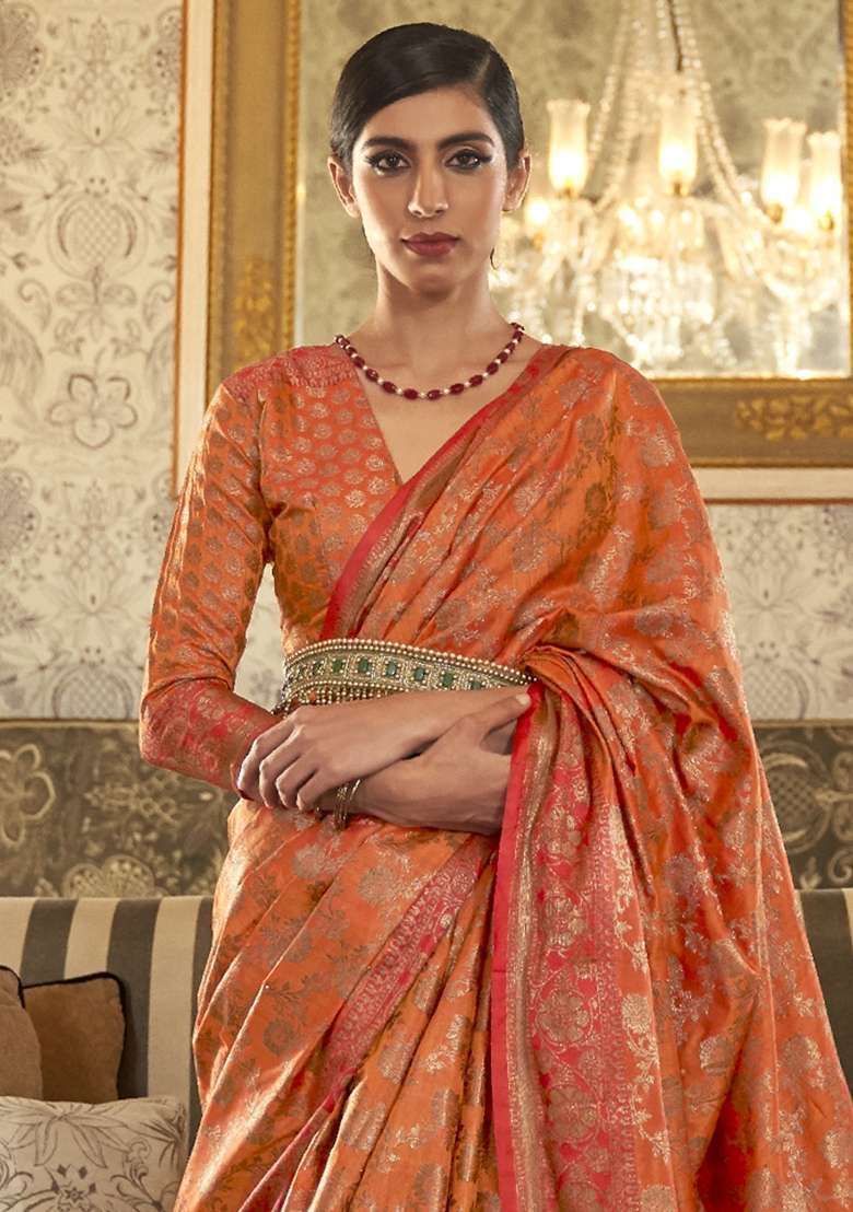 Orange Printed Silk Blend Saree Set - Indya