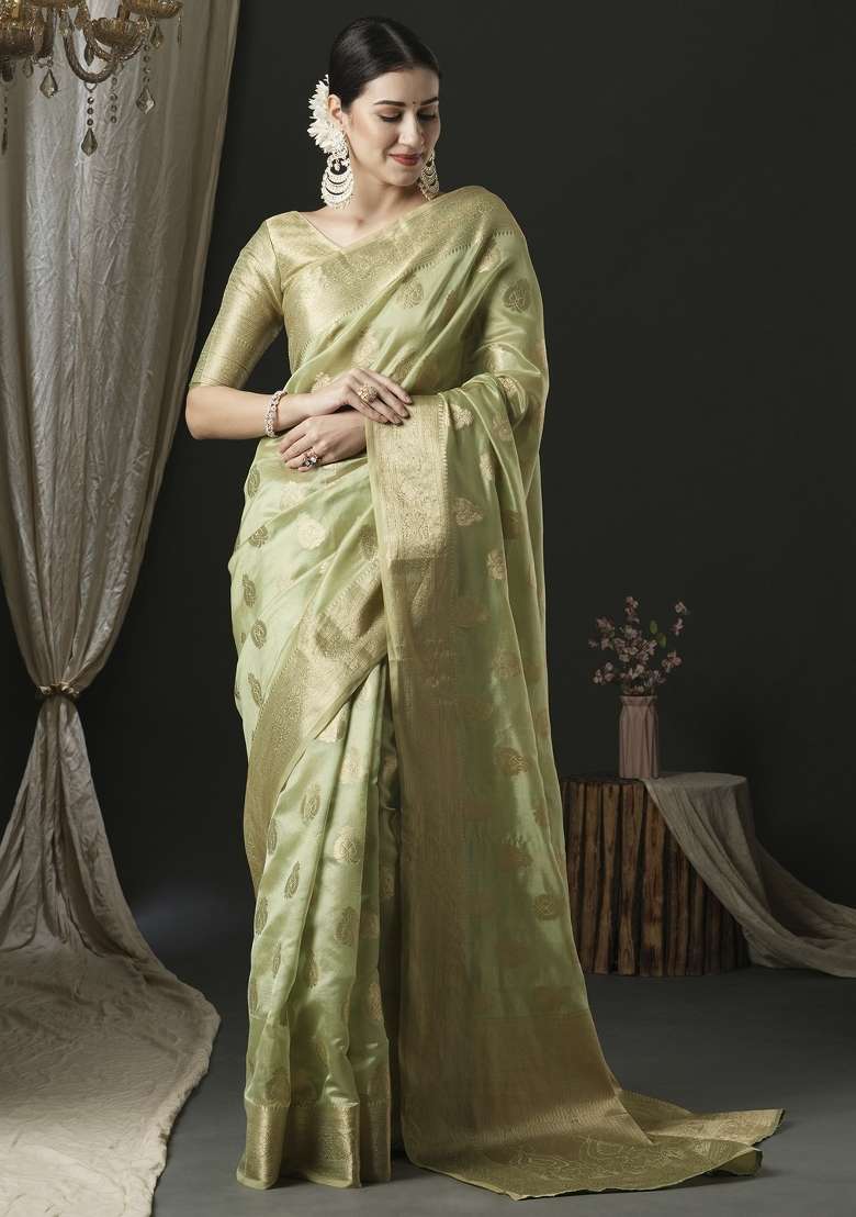 Light Green Printed Organza Saree Set for Diwali and Festive Wear - Indya