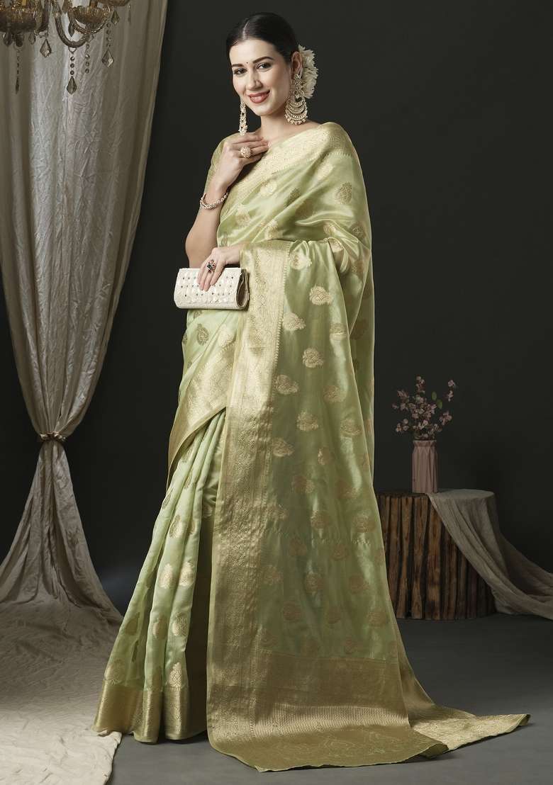 Light Green Printed Organza Saree Set for Diwali and Festive Wear - Indya