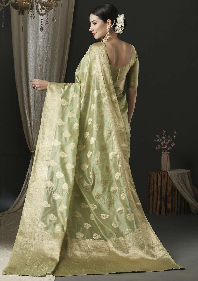 Light Green Printed Organza Saree Set for Diwali and Festive Wear - Indya